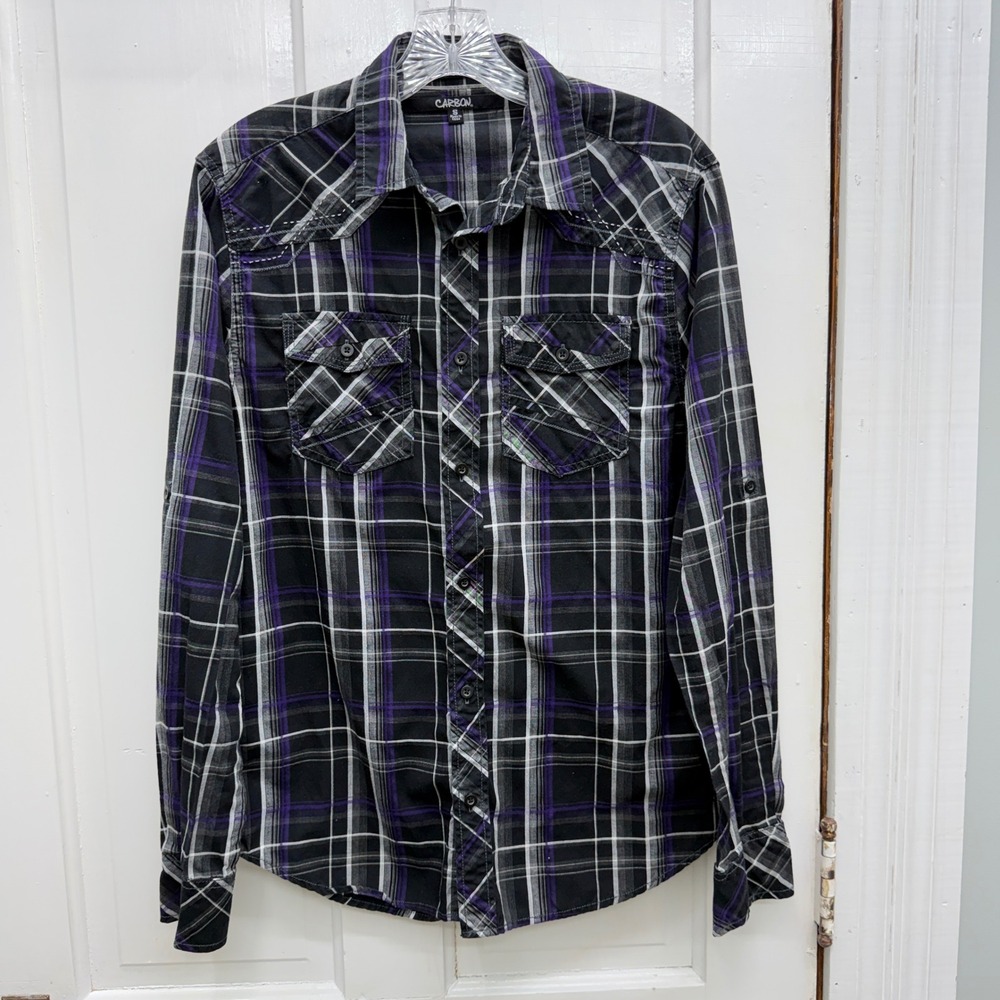 Carbon‎ Black Purple Plaid Long Sleeve Button Down Shirt Men's Small